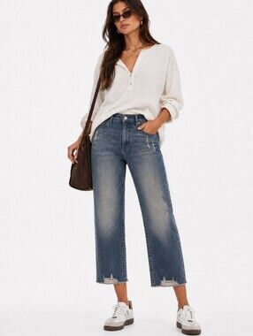 Women's Casual High Rise Straight Crop Jeans  Distressed Raw Hem Denim Trendy